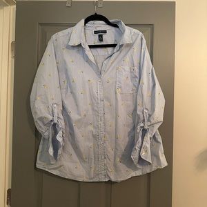 Karen Scott Pinstriped Button up with Yellow Flowers